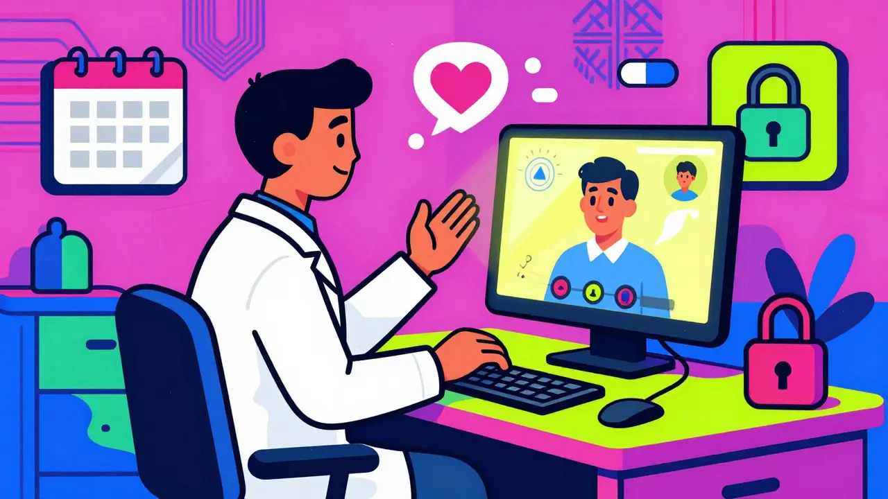 Retro-style illustration of a telehealth doctor consultation session