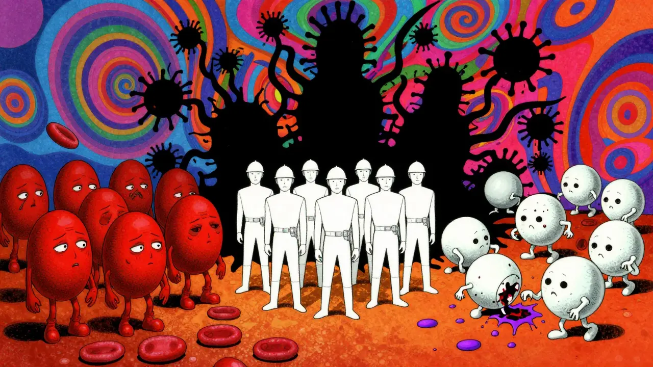 Stylized cartoon showing anemia, neutropenia, and thrombocytopenia symptoms with vivid colors.