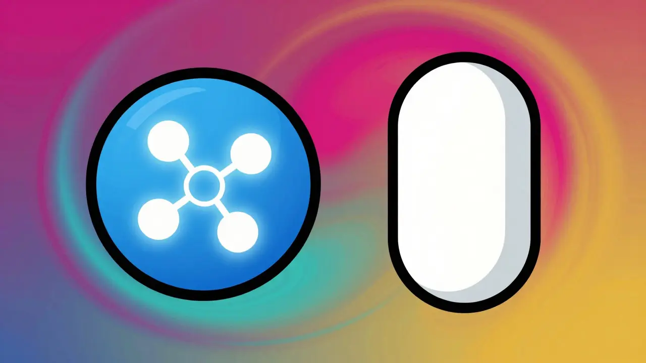 Two different pills with identical molecules inside, colorful illustration
