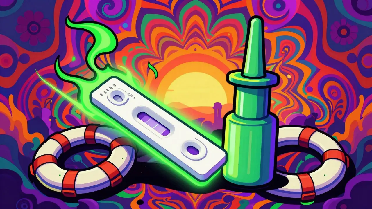 Wes Wilson style art showing test strips and naloxone as safety tools