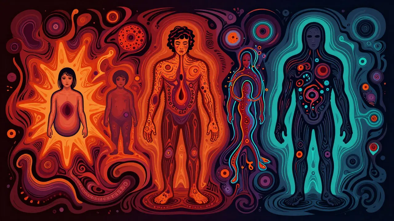 Abstract art showing the progressive stages of syphilis infection