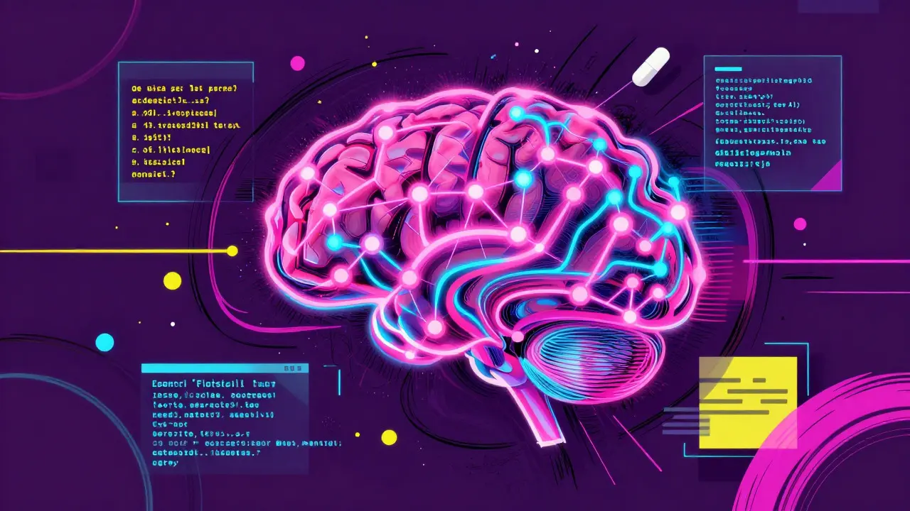 Abstract neon brain network representing AI in pharmaceutical testing
