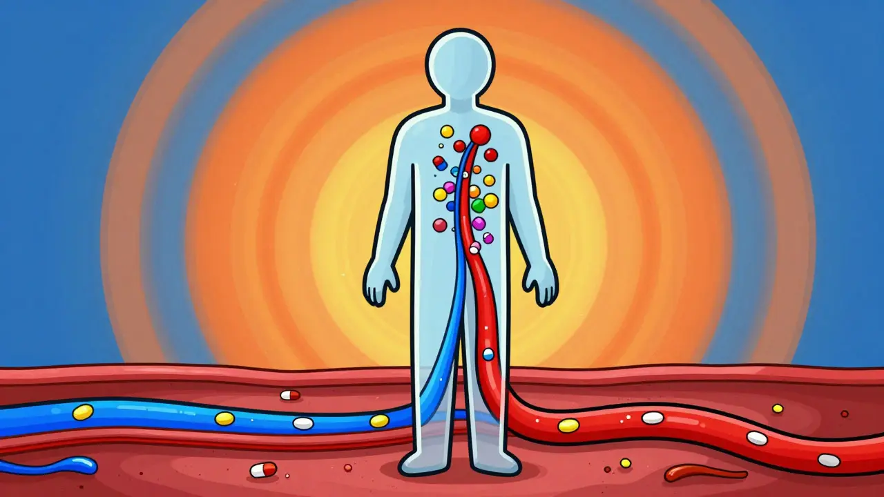 Cartoon figure with colorful particles in bloodstream showing drug absorption