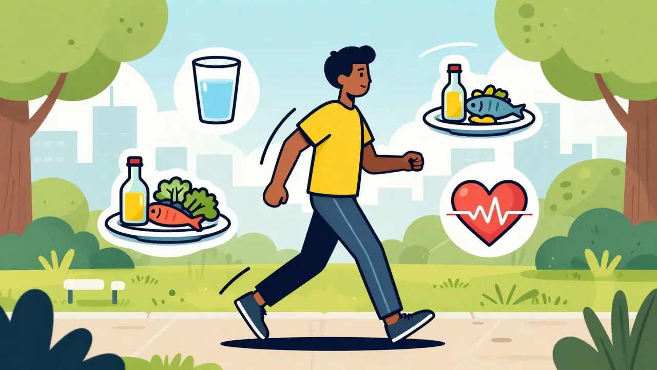 Cartoon of a person walking briskly surrounded by healthy food items and a heart icon, symbolizing stroke prevention.