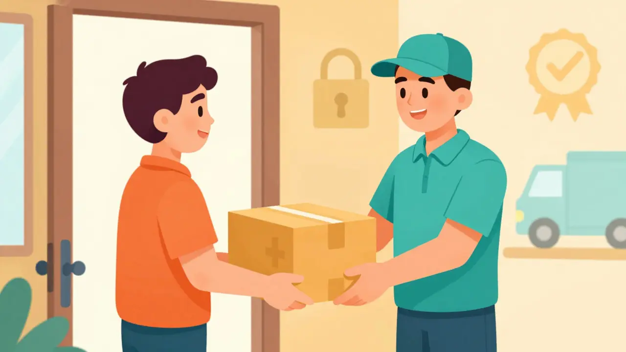 Cartoon showing a courier delivering a secure medication package to a home