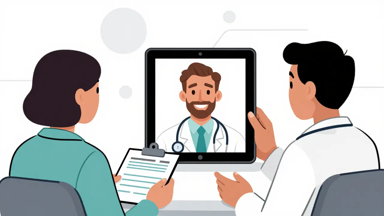 Cartoon showing a patient video calling a doctor for a prescription