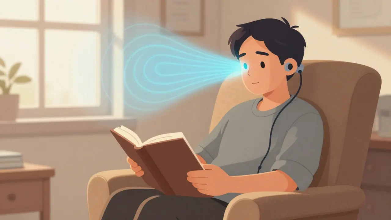 Character relaxing with sound therapy devices, showing peaceful integration of tinnitus into daily life.