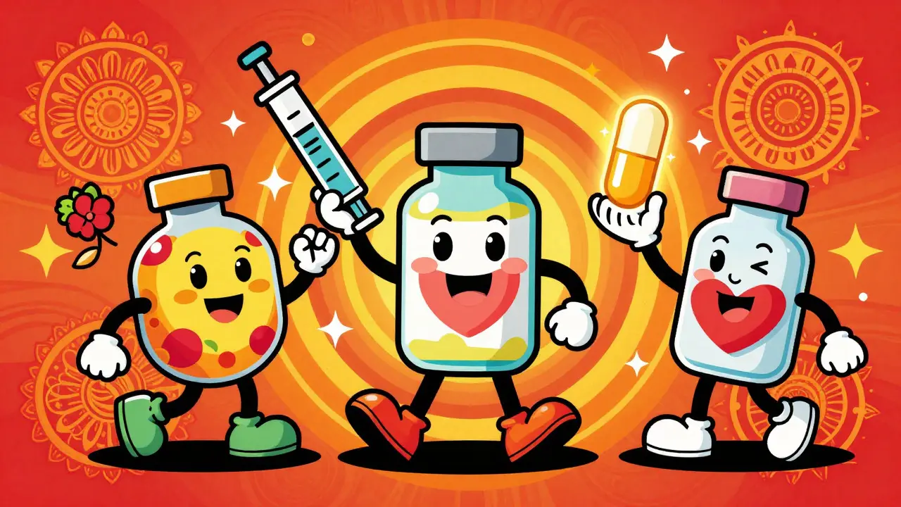 Colorful cartoon of alternative cholesterol treatments as happy characters