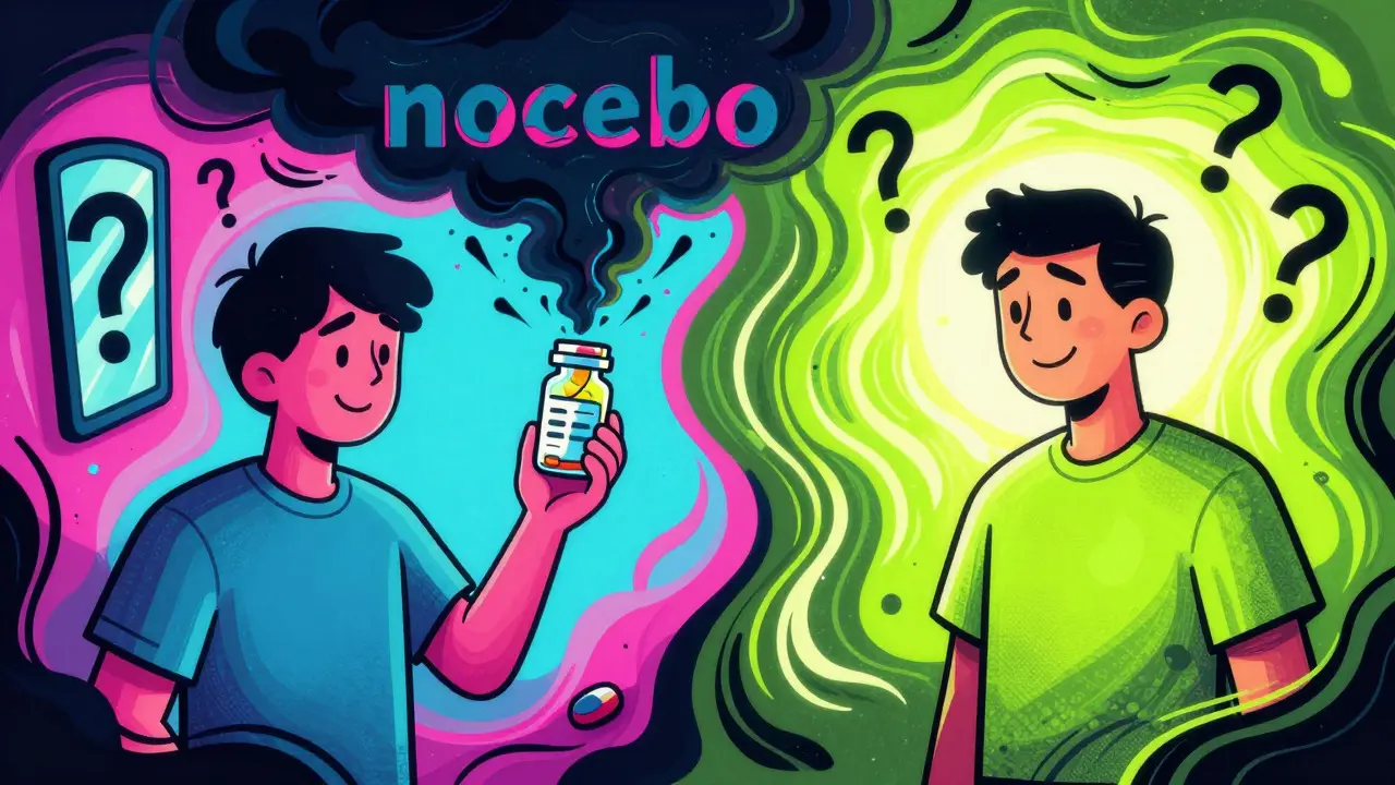Groovy art showing nocebo effect vs reality in medication response