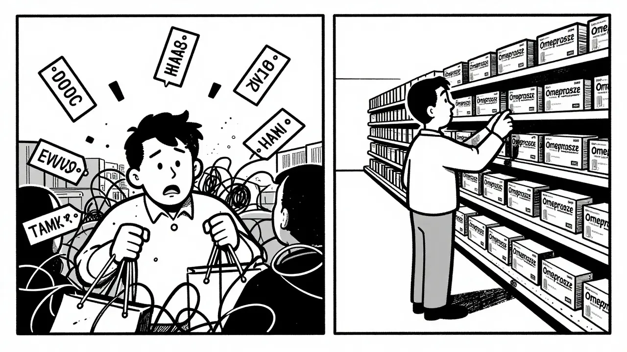 Illustration comparing chaotic shopping with calm generic selection
