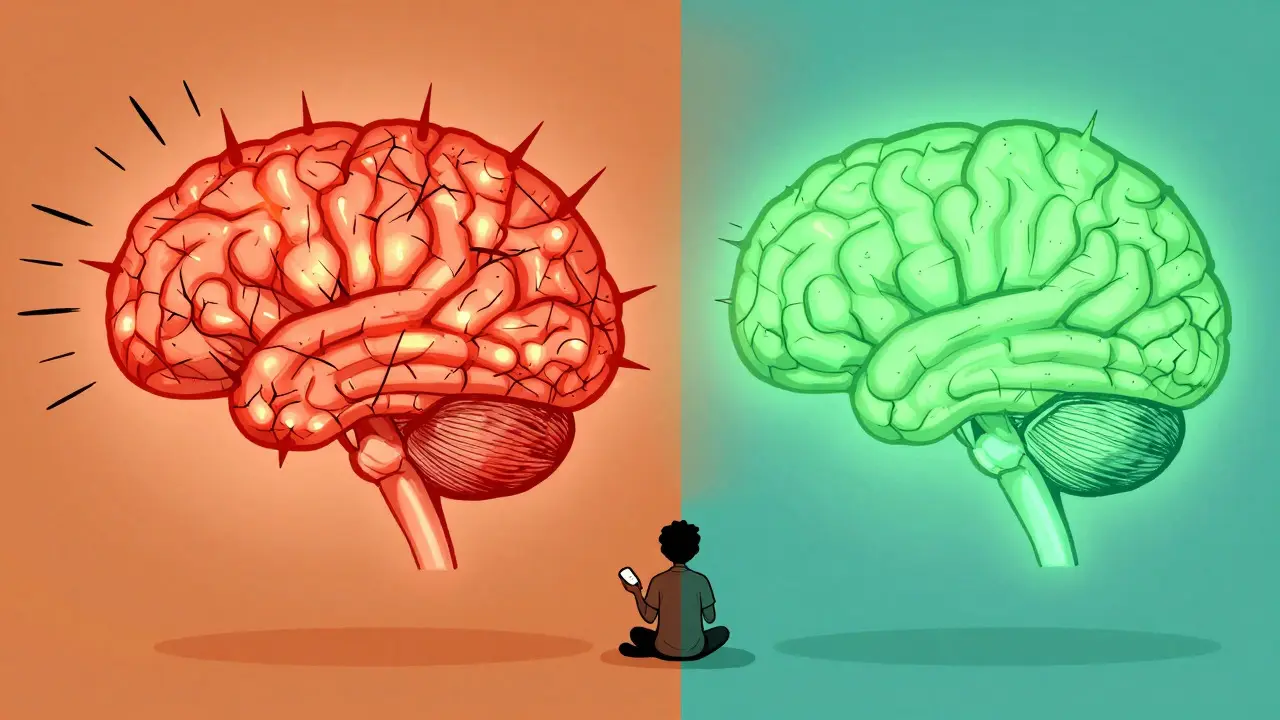 Illustration contrasting a chaotic red brain network with a calm green one, symbolizing habituation.
