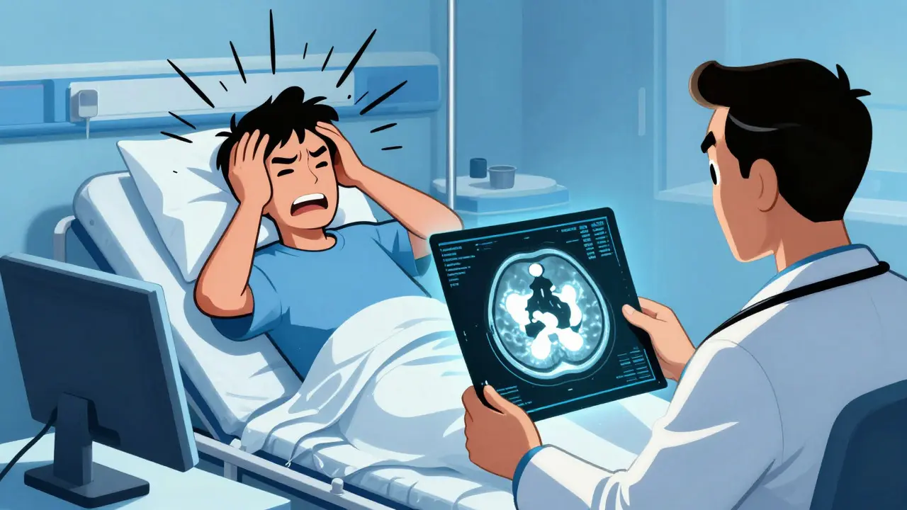 Illustration of a patient with a severe headache being diagnosed via CT scan in a hospital setting.