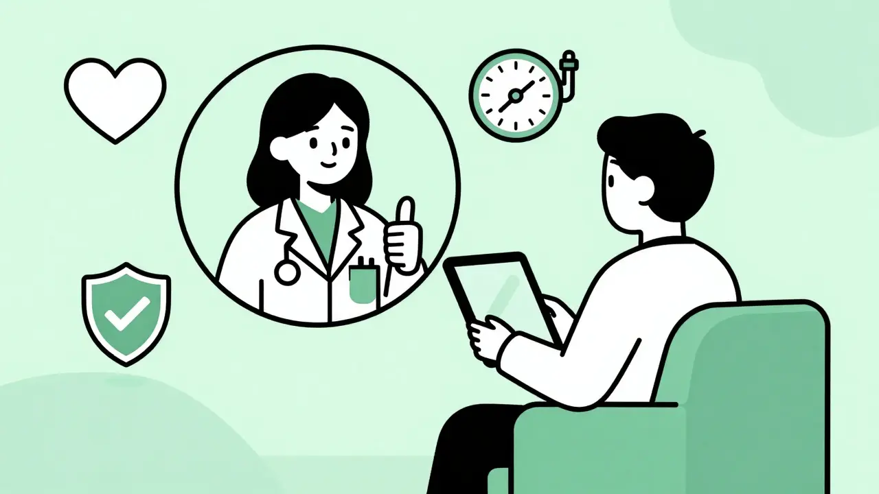 Illustration of a virtual doctor approving a prescription for a patient
