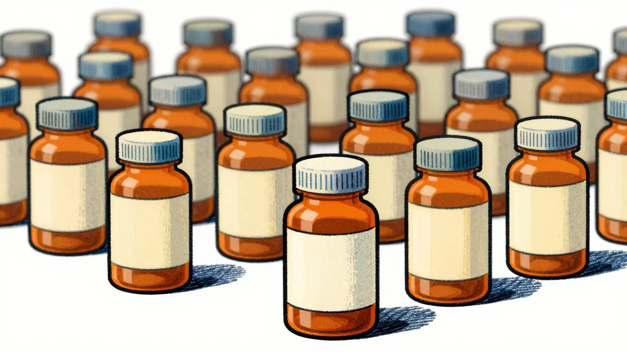 Illustration of many generic drug bottles competing against a single brand name