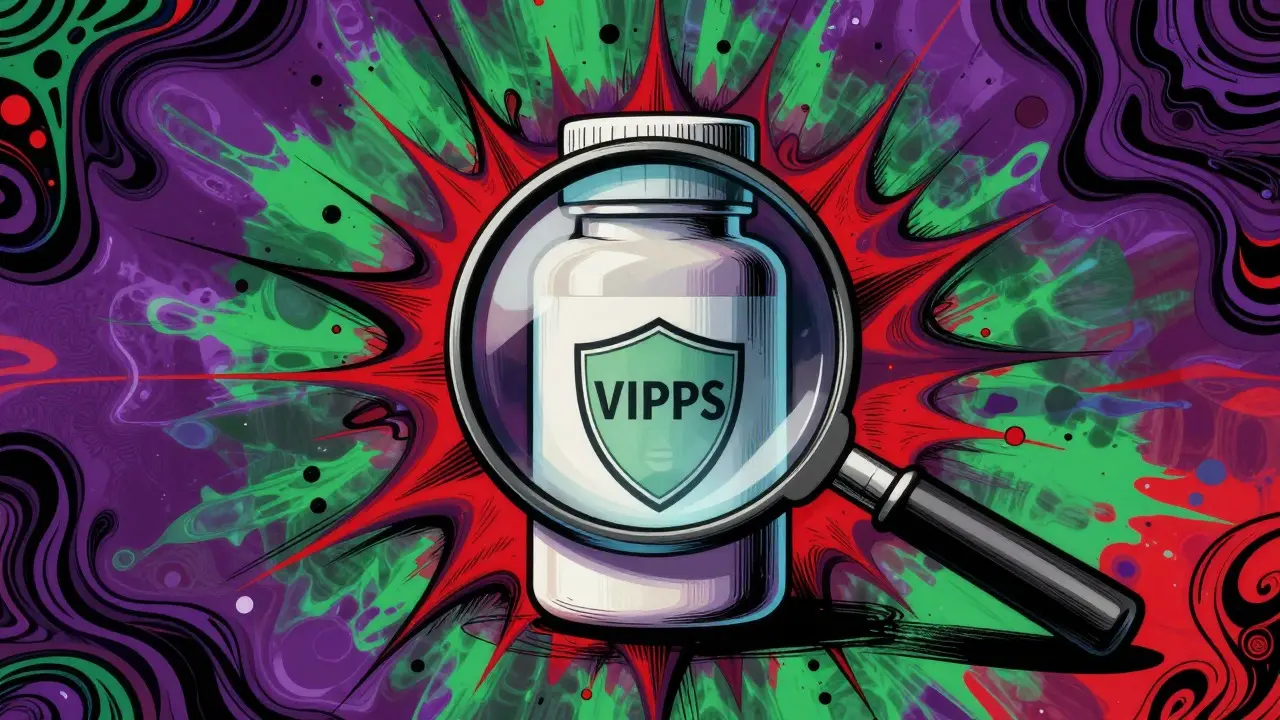 Illustration of verifying safe online pharmacies with accreditation shields