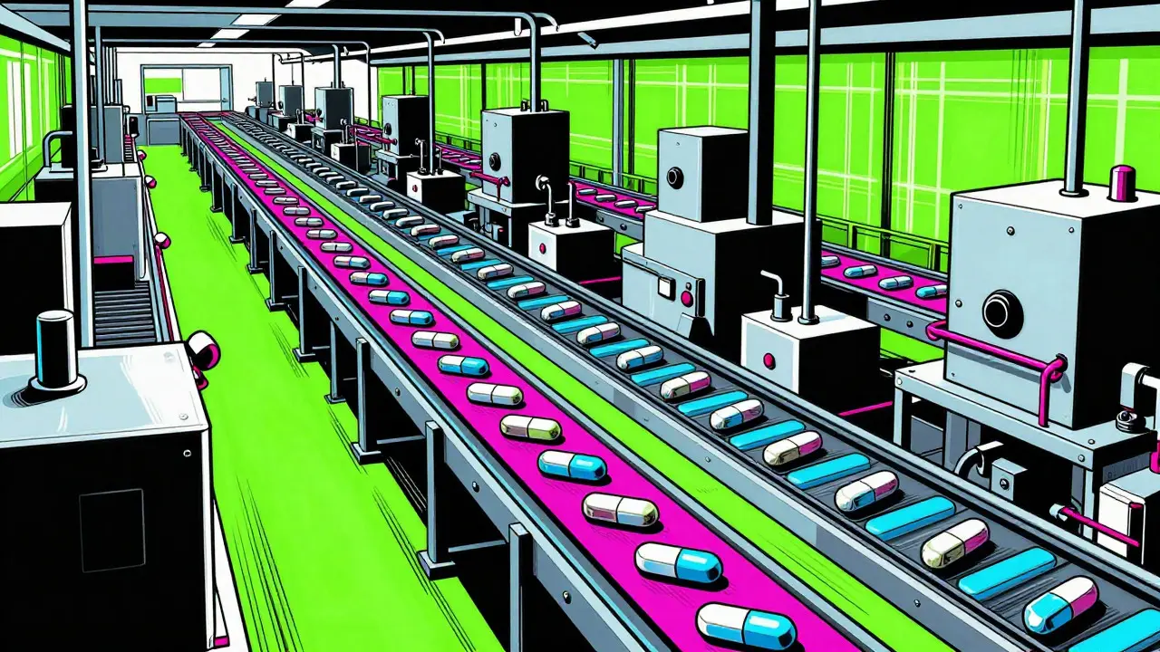 Retro cartoon of automated pill production lines showing manufacturing efficiency