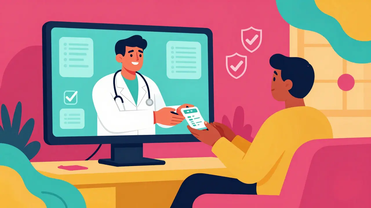 Retro-style art of telemedicine consultation for safe online prescription delivery