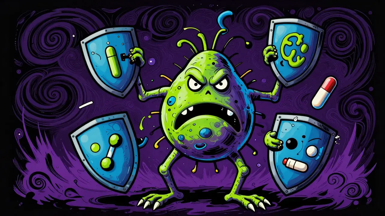 Stylized bacterium breaking antibiotic shields representing gonorrhea resistance