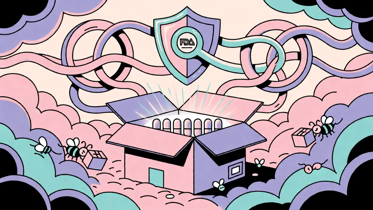 Artistic depiction of a package delivering medication with safety icons.