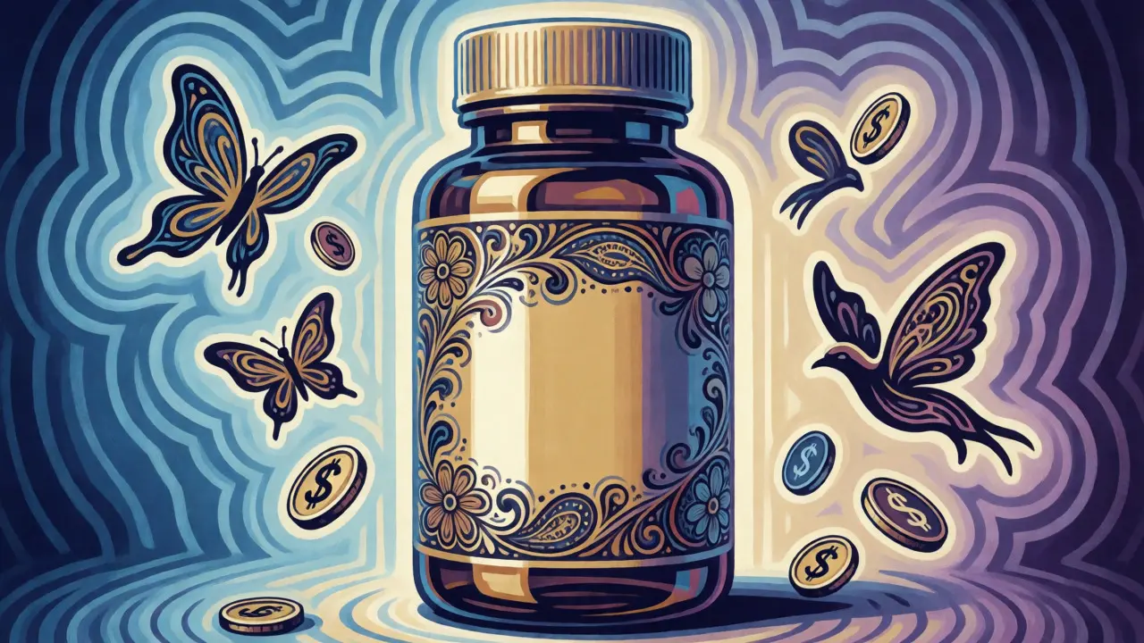 Stylized illustration of a medicine bottle surrounded by flying money symbols.