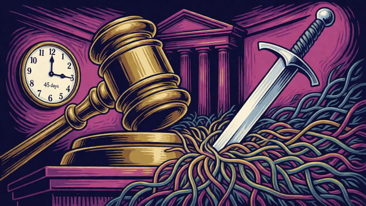 Surreal battle between patent gavel and generic sword